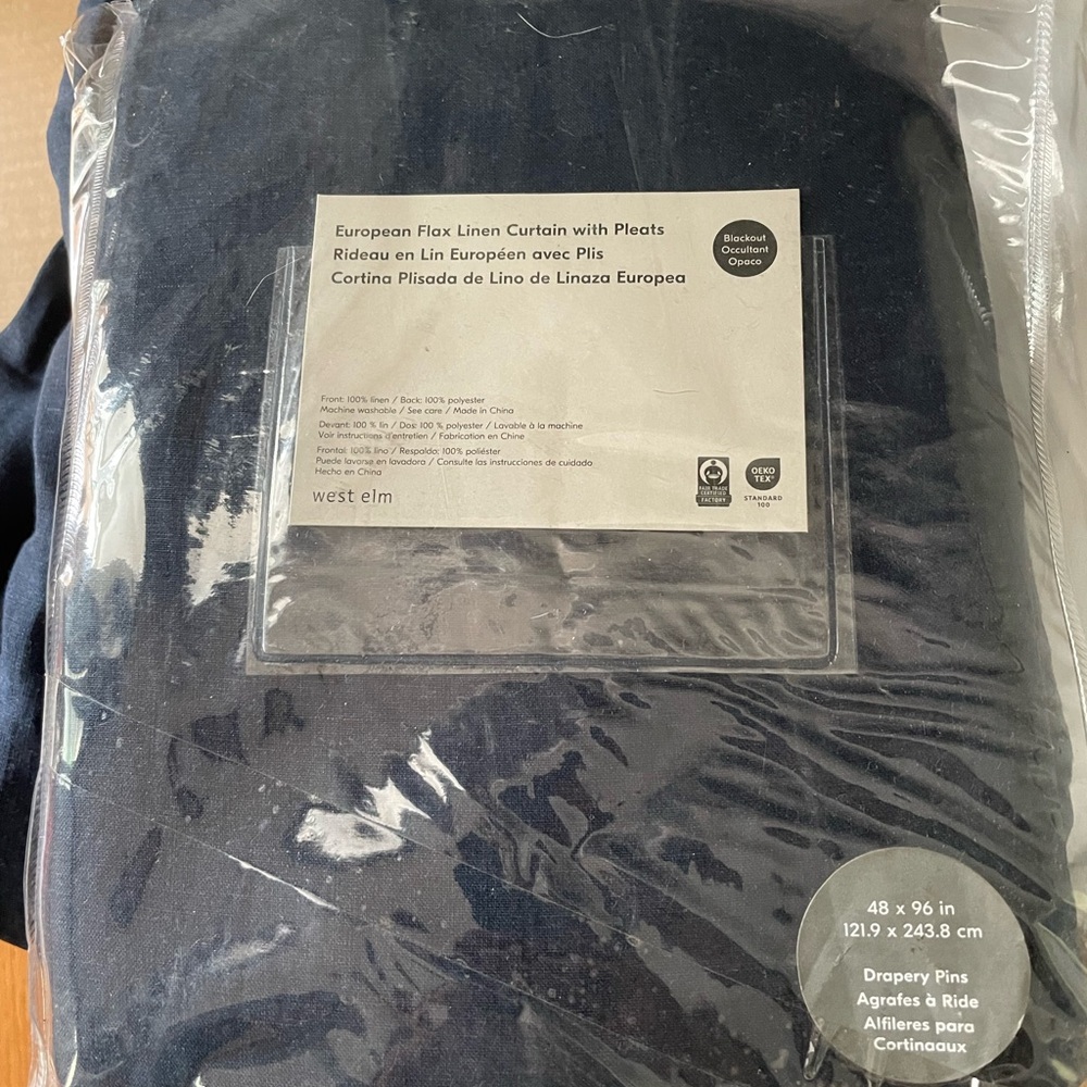 4 West Elm Blue European Flax Blackout Linen Curtain Panels 48x96